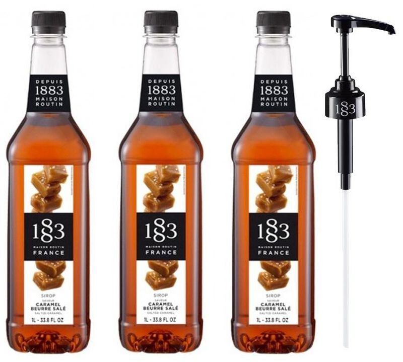 Lot de 3 Sirops Caramel Beurre Sal&eacute; - Bouteille Plastique - 3x1L + Pompe doseuse 1883 ROUTIN image number 0
