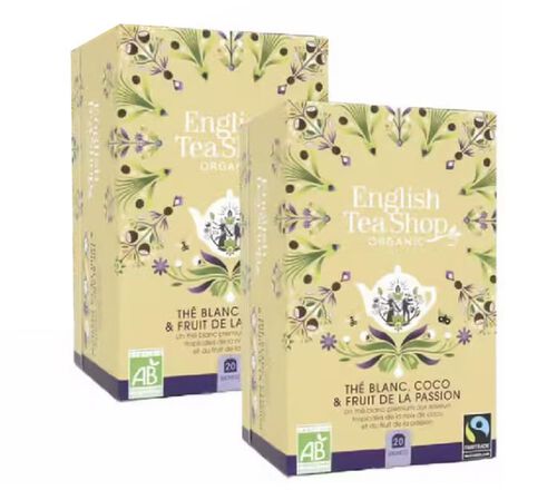 Pack Th&eacute; Blanc Coco Fruit de la Passion Bio & Equitable - 2 x 20 sachets - FAIRTRADE - ENGLISH TEA SHOP