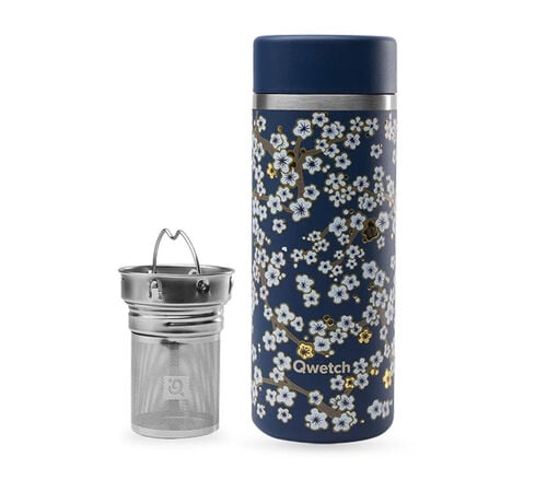 Th&eacute;i&egrave;re isotherme QWETCH flowers bleu nuit inox - 400 ml