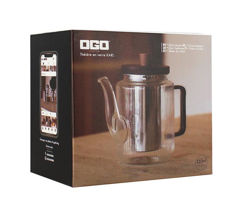 Th&eacute;i&egrave;re en verre 550 ml Gris fum&eacute; avec couvercle en bois acacia OGO Living image number 2