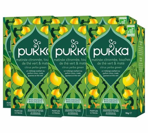 Infusion Bio Matin&eacute;e Citronn&eacute;e touches de th&eacute; vert et mat&eacute; - 6 x 20 sachets - PUKKA