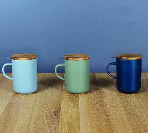 OGO Living Blue stoneware large tea infusing mug with wooden lid - 475ml image number 5
