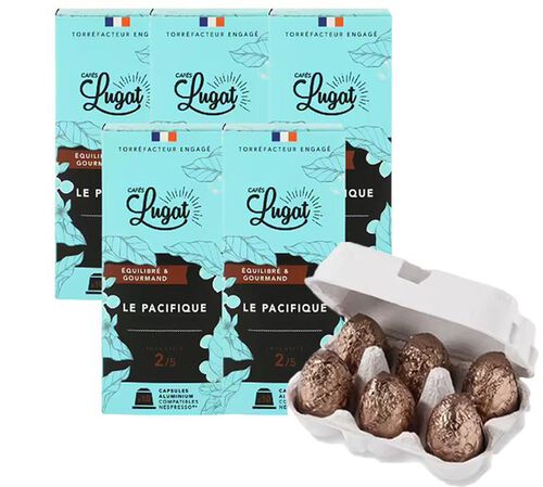 Lot cadeau de P&acirc;ques : Capsules compatibles Nespresso&reg; Lugat & &oelig;ufs en chocolat - MAXICOFFEE