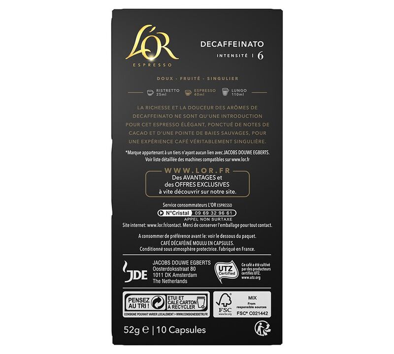 10 Nespresso* Original Compatible Capsules Decaffeinato &ndash; L'OR ESPRESSO image number 1