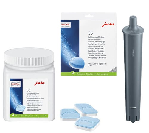 Pack d'entretien Jura - cartouche filtrantes + pastilles d&eacute;tartrantes et d&eacute;tergentes pour machine &agrave; caf&eacute;