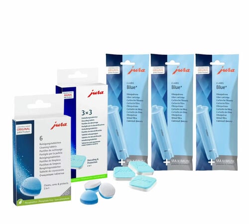 Pack entretien 6 mois : Pastilles de nettoyage + Pastilles de d&eacute;tartrage + 3 cartouches filtrantes CLARIS blue +