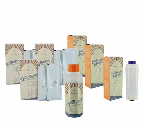 Pack entretien 6 mois : Cartouches filtrantes - D&eacute;tartrants - Nettoyants lait compatibles De'Longhi - ARFIZE