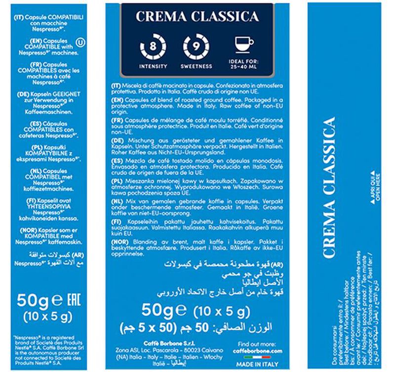 10 Nespresso* Original Compatible Capsules Crema Classica &ndash; CAFFE BORBONE image number 3