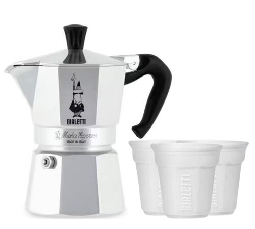 Bialetti - Moka Express 3 tazze + 6 bicchierini da caff&egrave; bianchi 9 cl