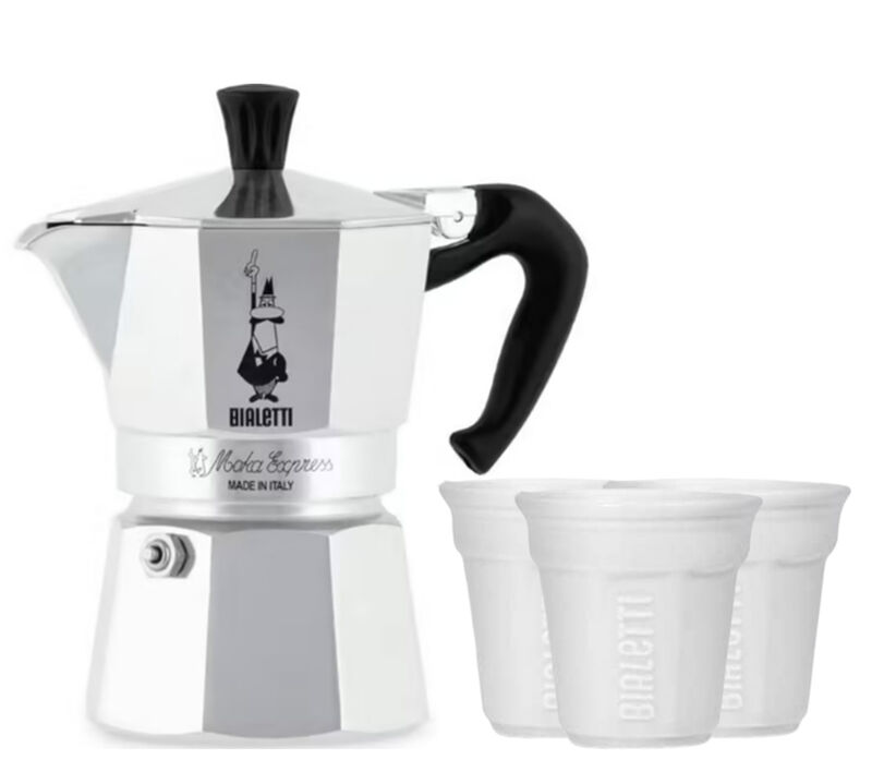 Bialetti - Moka Express 3 tazze + 6 bicchierini da caff&egrave; bianchi 9 cl image number 0