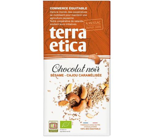 Tablette Chocolat Noir S&eacute;same Cajou Caram&eacute;lis&eacute;e Bio - 100 g - TERRA ETICA