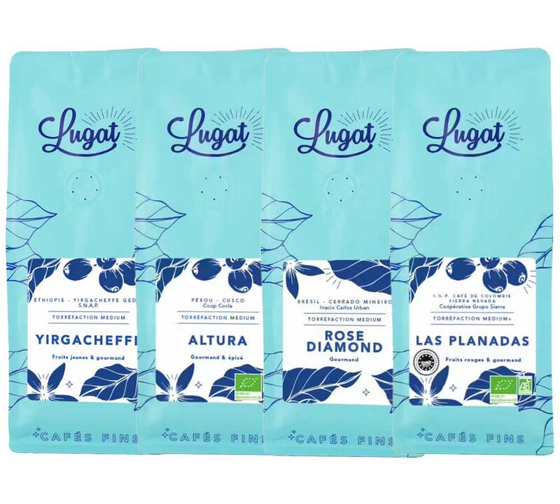 Lugat - Caff&egrave; in grani - Confezione scoperta 4x250g - 4 origini Etiopia Brasile Colombia Per&ugrave; image number 0