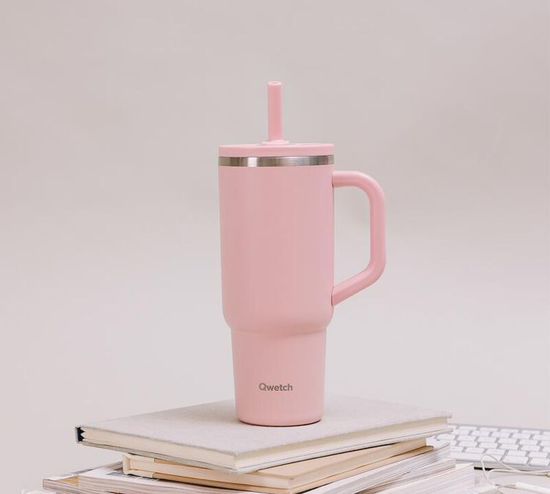 Gourde isotherme paille et bouchon &eacute;tanche rose pastel - 90 cl - QWETCH image number 2