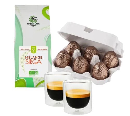 Lot cadeau de P&acirc;ques : 250 g Caf&eacute; en grain M&eacute;lange Sirga Green Lion Coffee, &oelig;ufs en chocolat et verres - MAXICOFFEE
