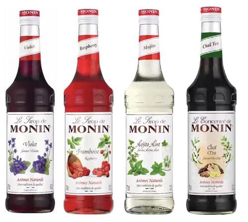 Pack d&eacute;couverte Sirops Monin (Mojito, Violette, Framboise, Th&eacute; Cha&iuml;) - 4x70cl