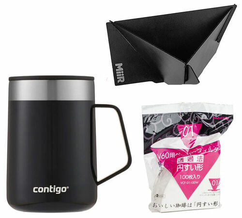 Kit caf&eacute; nomade avec dripper pliable, mug isotherme et filtres