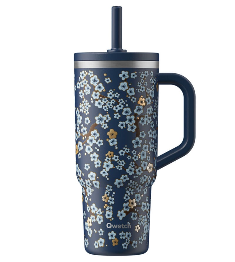 Travel Cup isotherme bouchon &eacute;tanche - FLOWERS Bleu nuit - 900ml - QWETCH image number 0