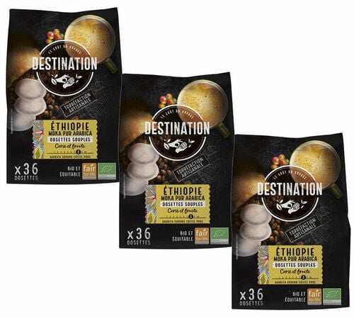 108 dosettes Senseo compatibles Ethiopie Equitable Moka Pur Arabica Bio - DESTINATION