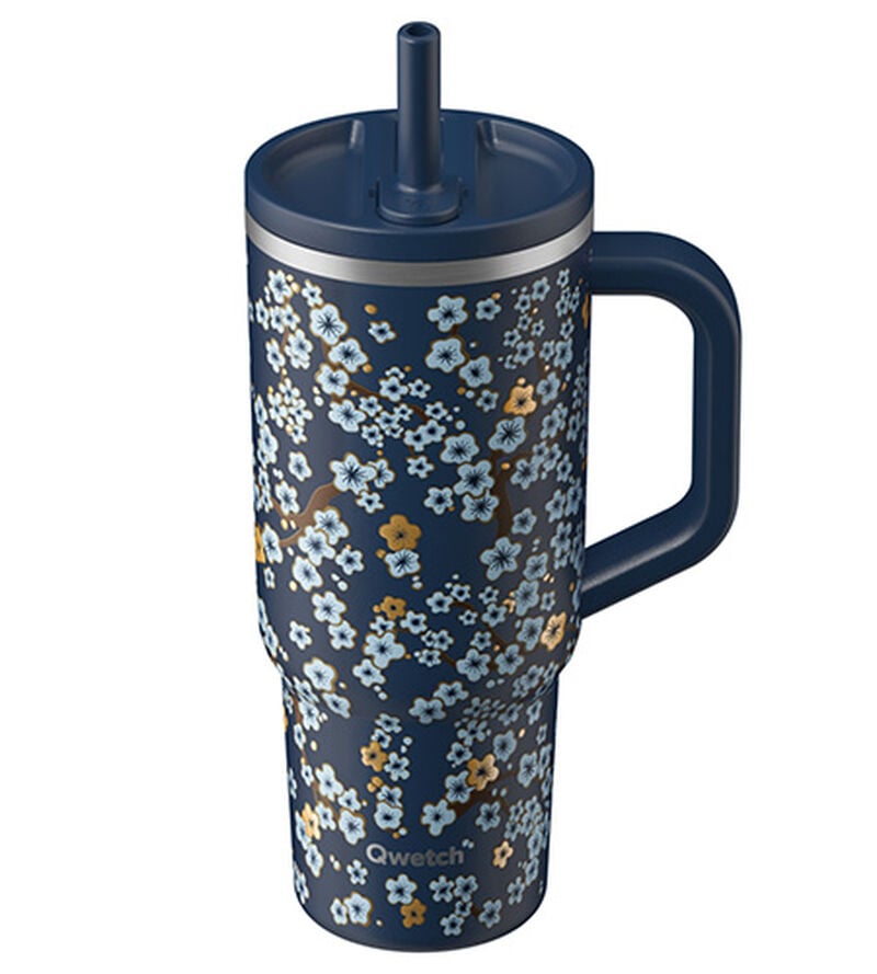 Travel Cup isotherme bouchon &eacute;tanche - FLOWERS Bleu nuit - 900ml - QWETCH image number 1