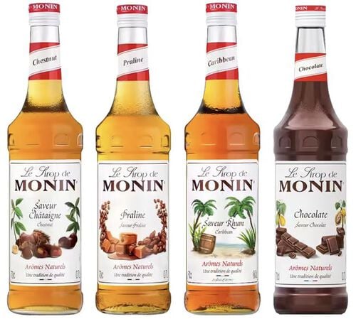 Lot Sirop Monin Ch&acirc;taigne / Chocolat / Praline / Rhum - 4 x 70 cl