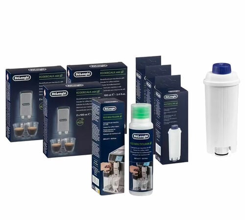 Pack entretien 6 mois : Cartouches filtrantes DLSC002 - D&eacute;tartrants DLSC200 - Nettoyants DLSC550 DELONGHI