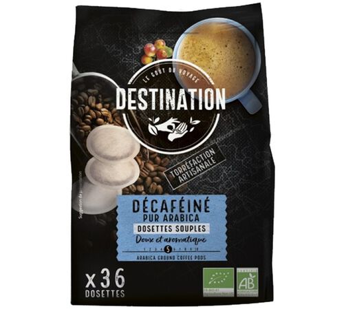 36 dosettes Senseo compatibles D&eacute;caf&eacute;in&eacute; Pur Arabica Bio - DESTINATION