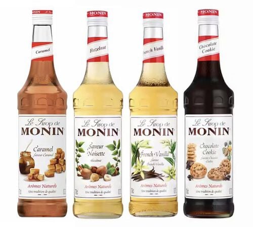 Monin 4er-Set Sirupe - French Vanilla / Karamell/ Cookie Chocolate / Nuss - 4 x 700 ml