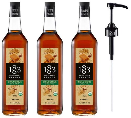 Lot de 3 sirops 1L Caramel Bio - Bouteille Verre + Pompe doseuse - 1883 ROUTIN