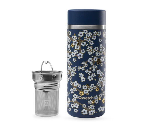 Th&eacute;i&egrave;re isotherme QWETCH flowers bleu nuit inox - 400 ml