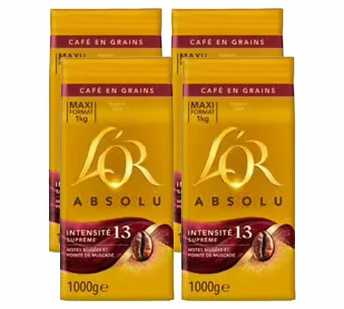 4 x 1 kg Caf&eacute; en grain - Intensit&eacute; 13 - L'OR