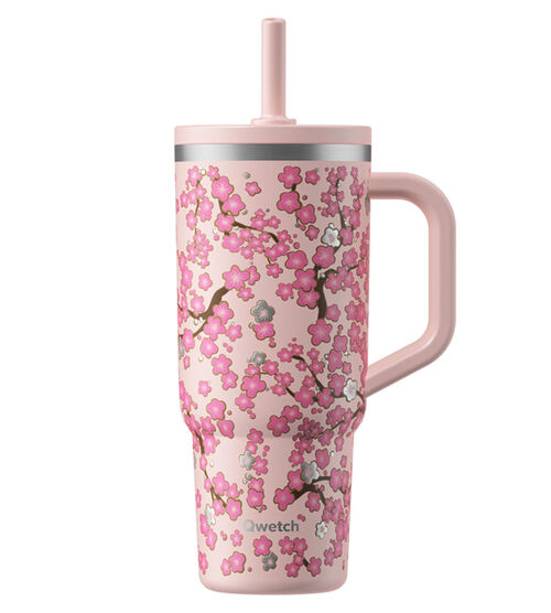 Travel Cup isotherme bouchon &eacute;tanche - FLOWERS Pastel rose - 900ml - QWETCH