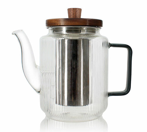 Th&eacute;i&egrave;re en verre 550 ml Gris fum&eacute; avec couvercle en bois acacia OGO Living
