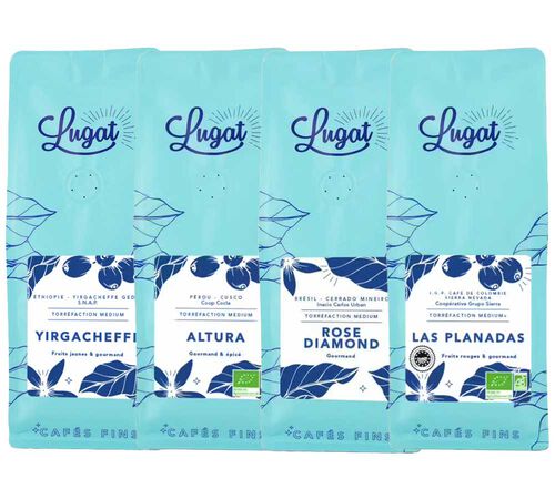 4 x 250 g &ndash; Caf&eacute; en grain &ndash; Pack d&eacute;couverte 4 origines &Eacute;thiopie Br&eacute;sil Colombie P&eacute;rou &ndash; LUGAT