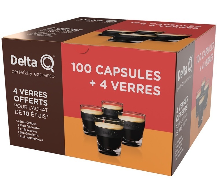 100 coffee capsules + 4 espresso glasses