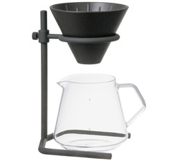Porcelain Slow Coffee Style Speciality 4-cup dripper kit by Kinto with carafe and metal stand.