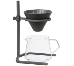 Porcelain Slow Coffee Style Speciality 2-cup dripper kit by Kinto with carafe and metal stand.