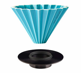 Dripper ORIGAMI turquoise en porcelaine de Mino avec support Loveramics en inox