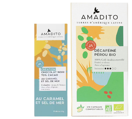Pack découverte AMADITO : Capsules compatibles Nespresso bio décaféiné +  Chocolat noir 70% Création au caramel et sel 