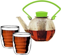 Tea4U glass teapot in green with infuser + 2 glasses & Free Tea
