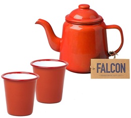 Enamel Tea set with pillarbox red teapot + 2 cups - Falcon