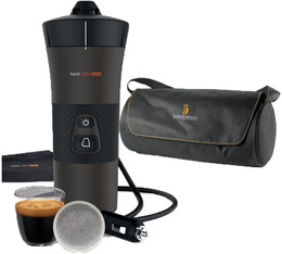 Handcoffee Auto 12V travel coffee maker for Senseo pods + travel case and free coffee pods