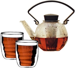 Tea4U glass teapot in black with infuser + 2 glasses & Free Tea