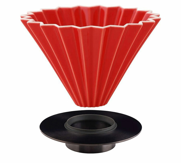 Dripper Origami rouge en porcelaine avec support Loveramics