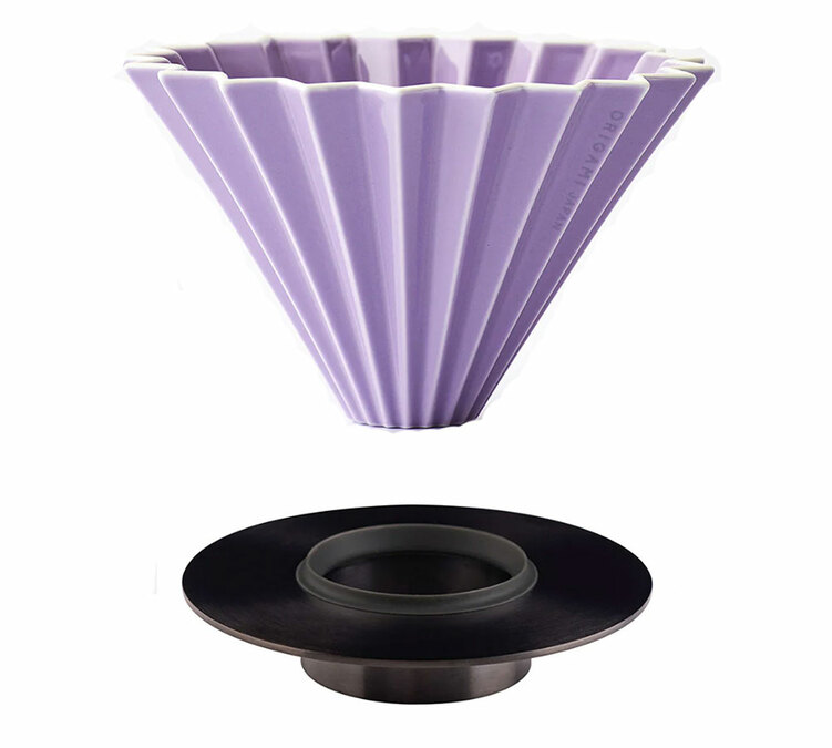 Dripper Origami violet M en porcelaine avec support Loveramics