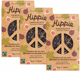 Lot de 3 Tablettes Chocolat au lait, graines de sésame & figues - Bio & Fairtrade - 3x50g - Hippie Chocolate