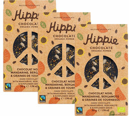 Lot de 3 Tablettes Chocolat noir, mandarine, bergamote & graines de tournesol - Bio & Fairtrade - 3x50g - Hippie