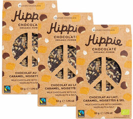 Lot de 3 Tablettes Chocolat au lait, caramel, noisettes & sel - Bio & Fairtrade - 3x50g - Hippie Chocolate