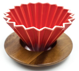 Dripper rouge en porcelaine 4 tasses + support en bois - Origami