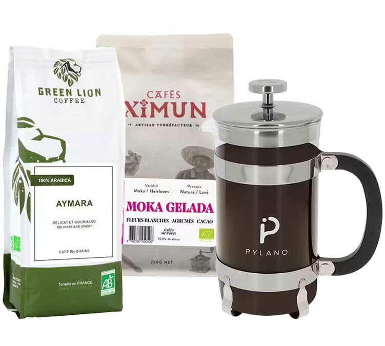 Cadeau: moulin, cafetière et trois sortes de café en grain mieux que bio et  plus que fair