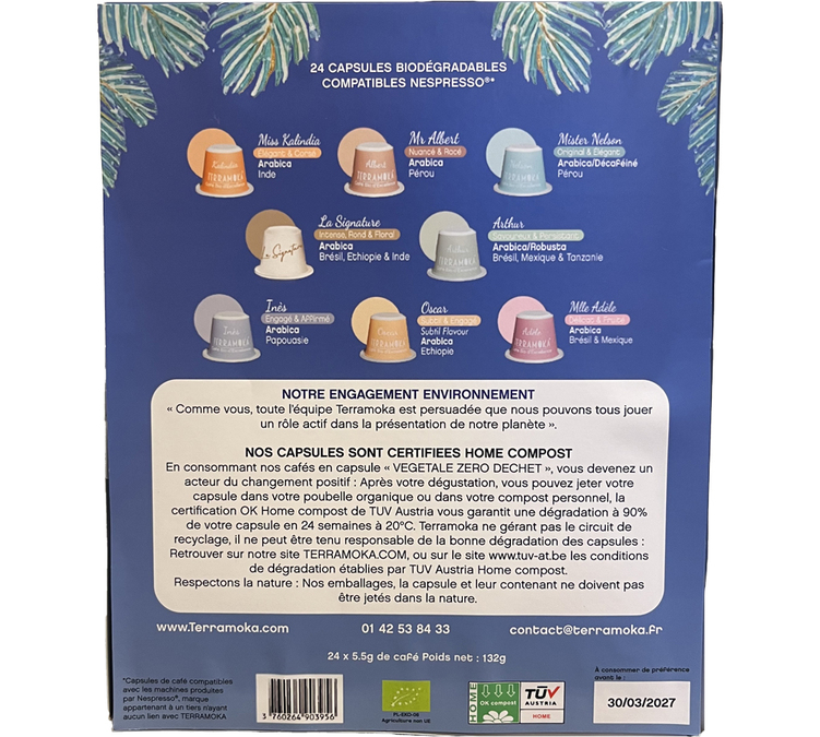 composition calendrier de l'avent Terramoka avec 24 cafés bio en capsules zéro déchet compatibles Nespresso Original